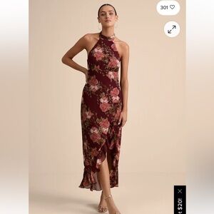 Lulu's Burgundy Floral Halter Midi Dress